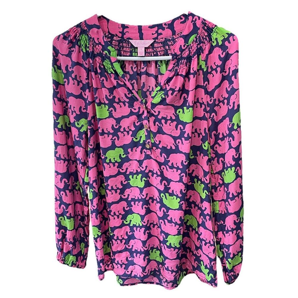 Lilly Pulitzer Kissy Pink Tusk in Sun Elephant Silk Top Women's Size Small EUC